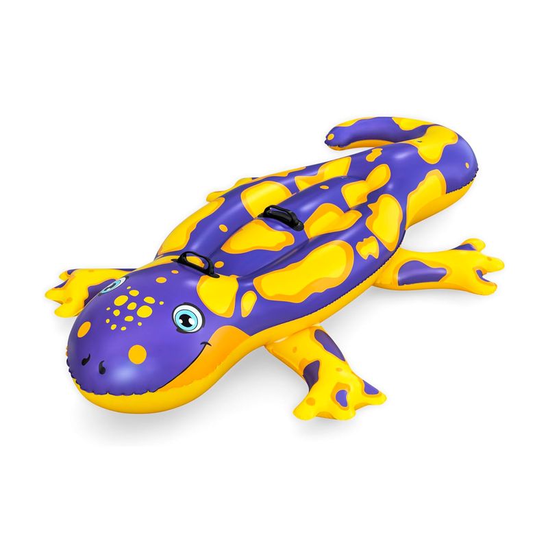 Flotador inflable doble para niños diseño salamandra Bestway, vista superior en colores morado y amarillo con manijas negras
