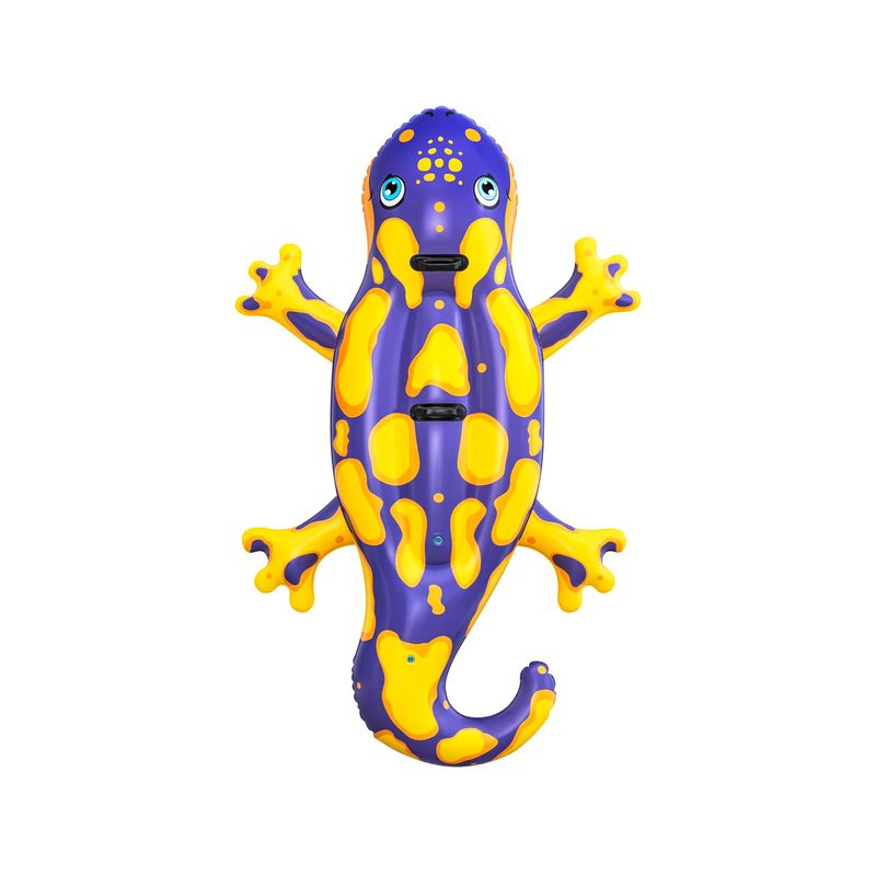 Flotador inflable doble para niños diseño salamandra Bestway, vista superior del inflable en colores morado y amarillo