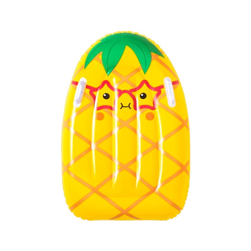 Colchoneta inflable para niños diseño frutas Bestway, vista cenital de modelo con forma de piña amarilla y lentes rojos