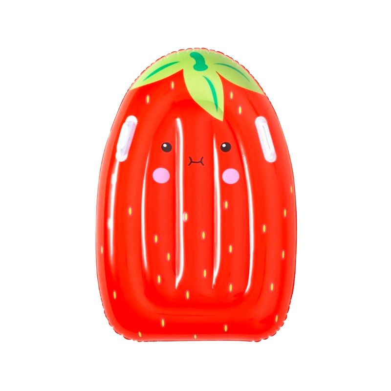 Colchoneta inflable para niños diseño frutas Bestway, vista cenital de la colchoneta roja con forma de fresa y cara sonriente