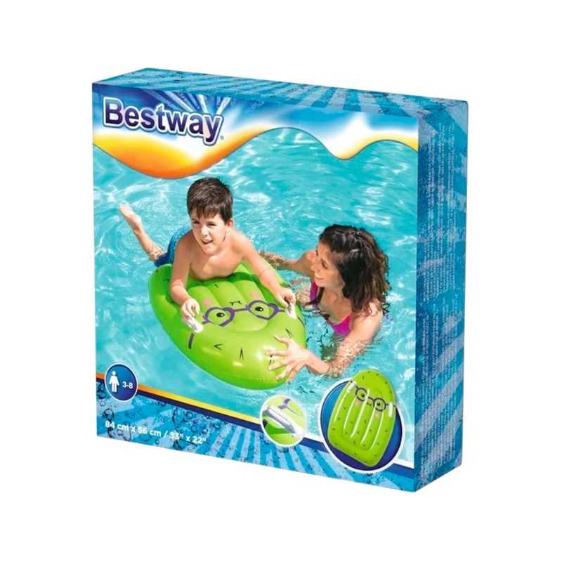 Colchoneta inflable para niños diseño frutas Bestway, en su caja con ilustración de niño y mujer usándola en piscina