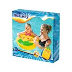 Colchoneta inflable para niños diseño frutas Bestway, empaque con ilustración de niña usando el producto en el agua