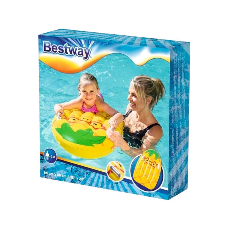 Colchoneta inflable para niños diseño frutas Bestway, empaque con ilustración de niña usando el producto en el agua