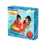 Colchoneta inflable para niños diseño frutas Bestway, en su caja con fotografía de uso y medidas de 94 cm x 56 cm