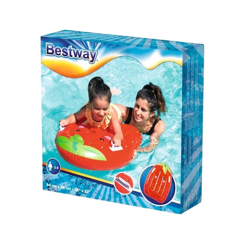 Colchoneta inflable para niños diseño frutas Bestway, en su caja con fotografía de uso y medidas de 94 cm x 56 cm