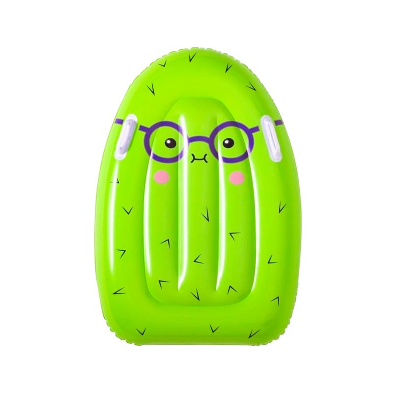 Colchoneta inflable para niños diseño frutas Bestway, vista superior de modelo verde con forma de aguacate y lentes morados