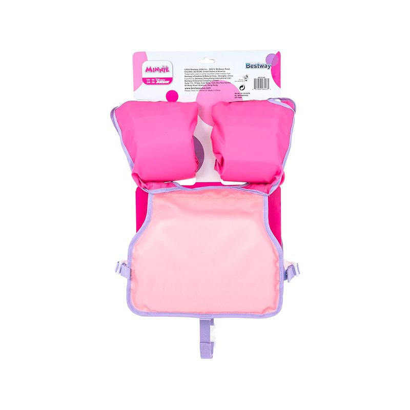 Chaleco flotador infantil con mangas 3 a 6 años Minnie rosa Bestway, vista frontal del producto en su empaque original