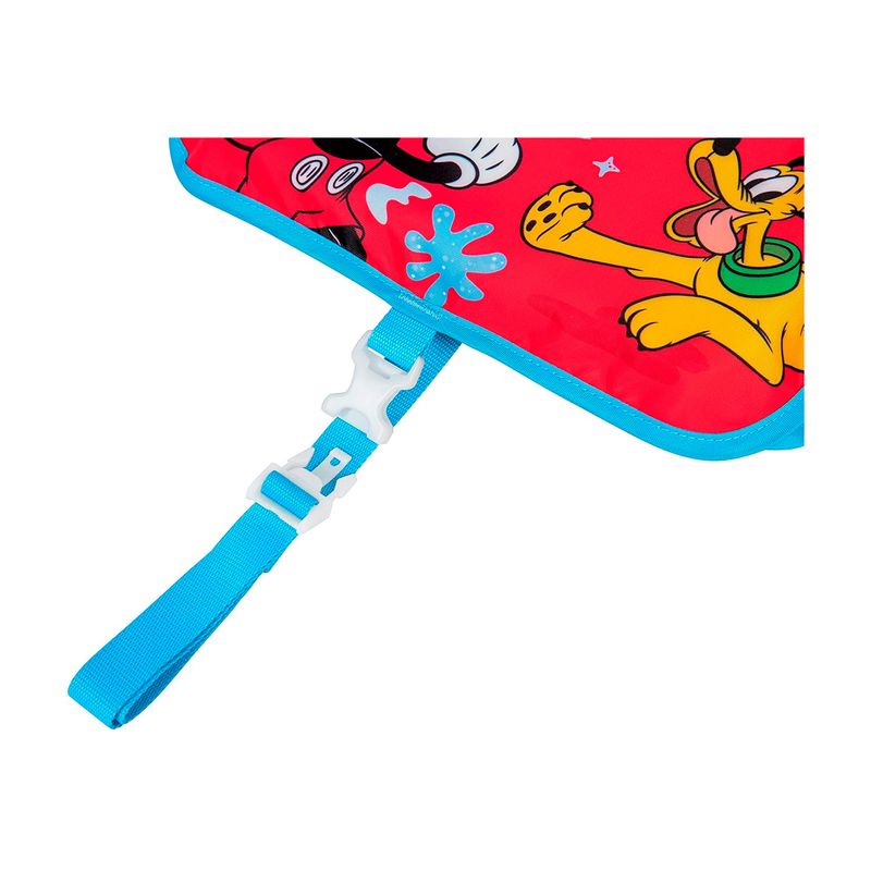 Chaleco flotador infantil con mangas 3 a 6 años Mickey rojo Bestway, detalle del cierre y correa ajustable azul