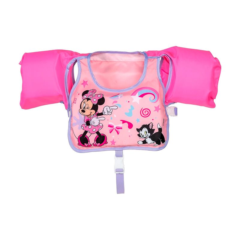 Chaleco flotador infantil con mangas 3 a 6 años Minnie rosa Bestway, vista frontal extendida con dibujo de Minnie y Figaro