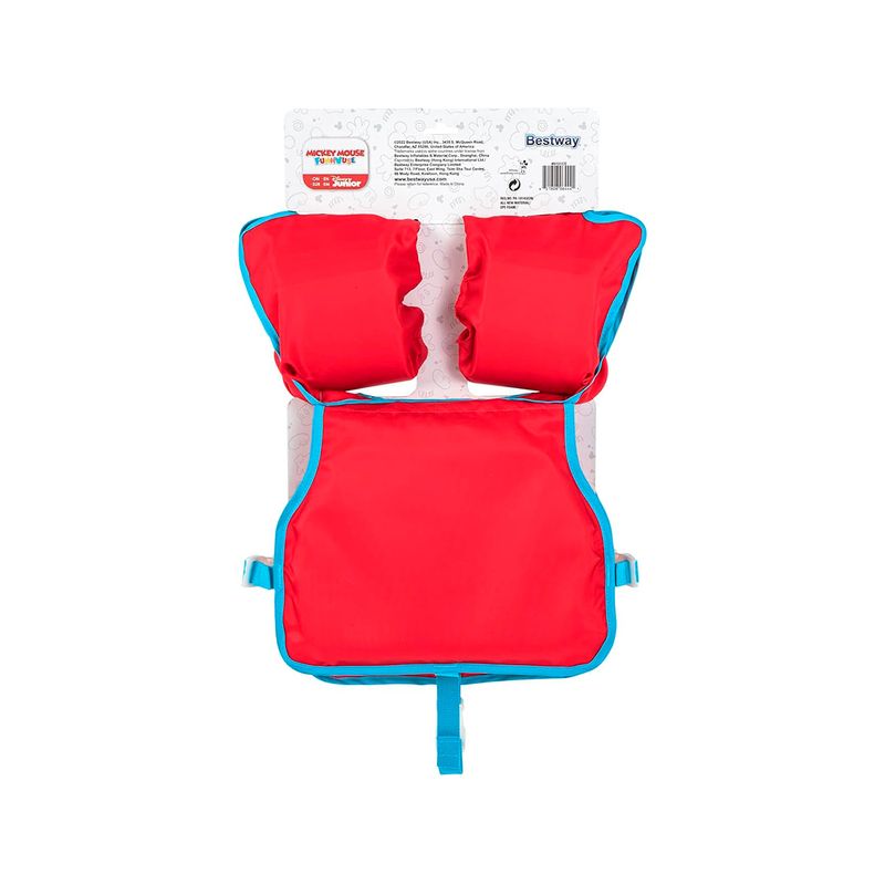 Chaleco flotador infantil con mangas 3 a 6 años Mickey rojo Bestway, vista posterior del producto sobre cartón blanco