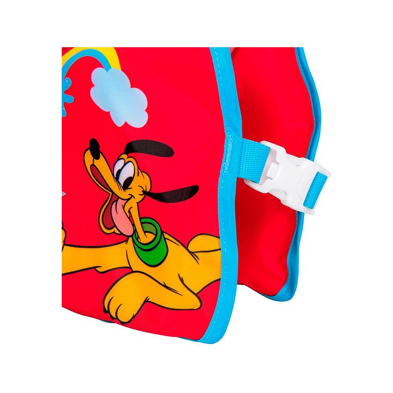 Chaleco flotador infantil con mangas 3 a 6 años Mickey rojo Bestway, primer plano del cierre con hebilla blanca y dibujo