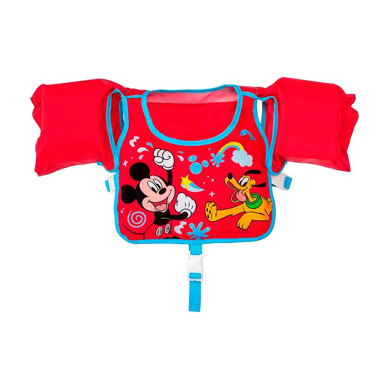Chaleco flotador infantil con mangas 3 a 6 años Mickey rojo Bestway, vista frontal con ilustración de Mickey y Pluto