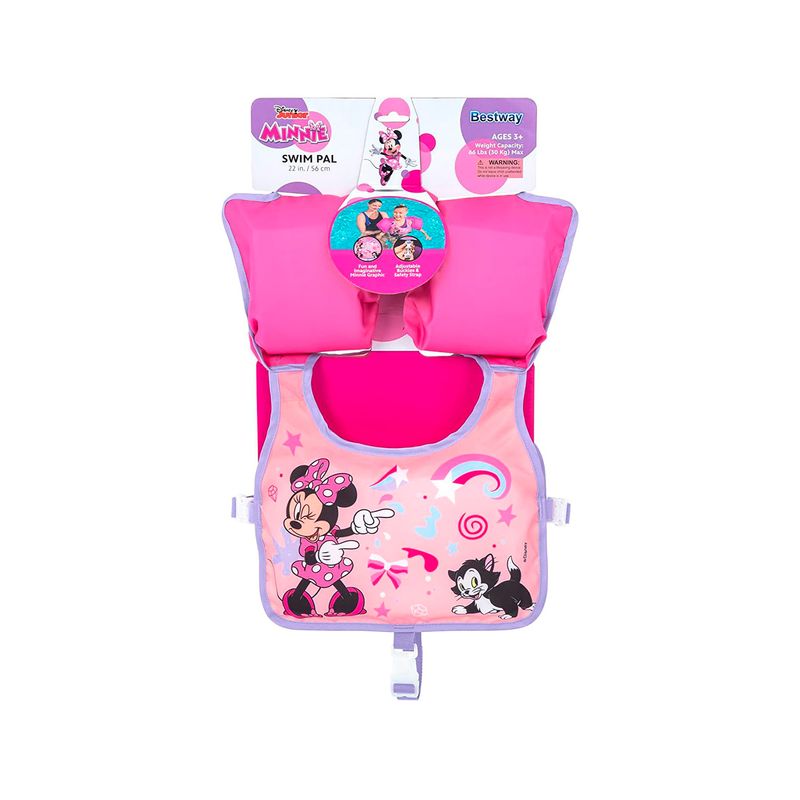 Chaleco flotador infantil con mangas 3 a 6 años Minnie rosa Bestway, vista frontal del producto con su empaque superior