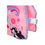 Chaleco flotador infantil con mangas 3 a 6 años Minnie rosa Bestway, primer plano del cierre lateral y estampado de Disney