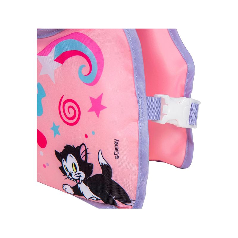 Chaleco flotador infantil con mangas 3 a 6 años Minnie rosa Bestway, primer plano del cierre lateral y estampado de Disney