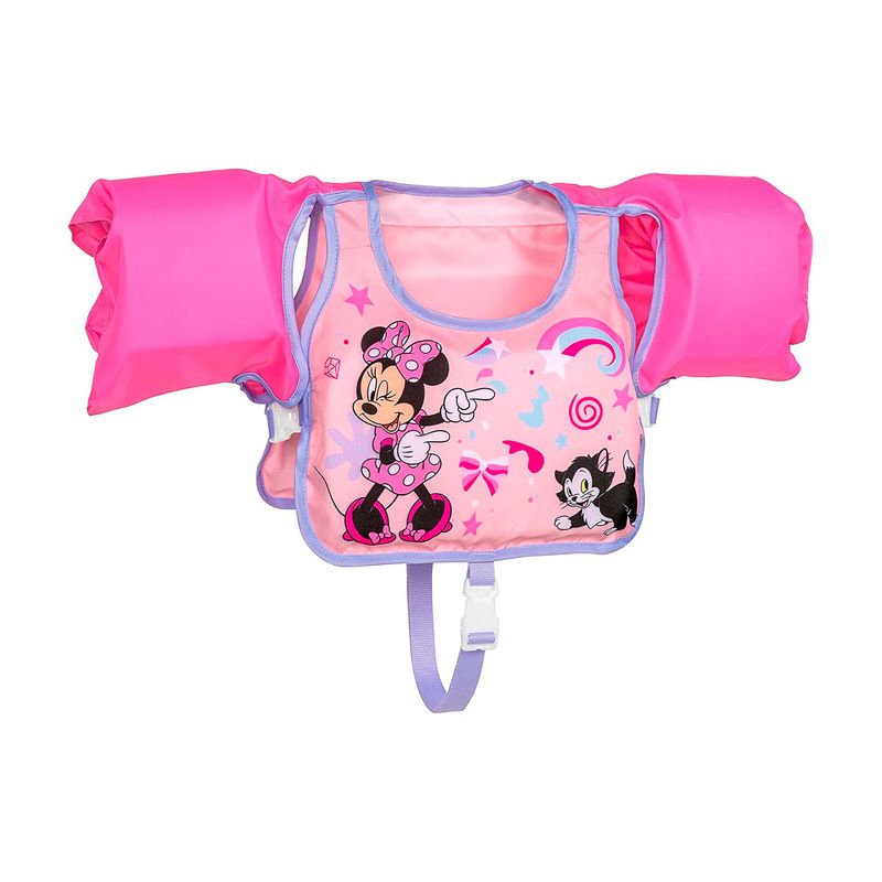 Chaleco flotador infantil con mangas 3 a 6 años Minnie rosa Bestway, vista frontal con dibujo de Minnie y Figaro