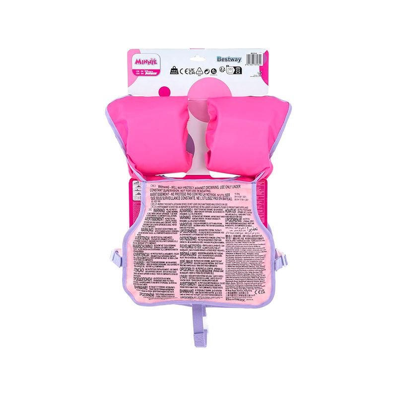 Chaleco flotador infantil con mangas 3 a 6 años Minnie rosa Bestway, vista posterior del producto con advertencias y empaque