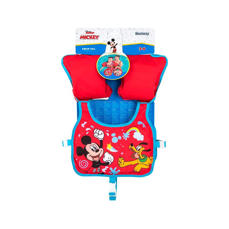 Chaleco flotador infantil con mangas 3 a 6 años Mickey rojo Bestway, vista frontal con ilustración de Mickey y Pluto
