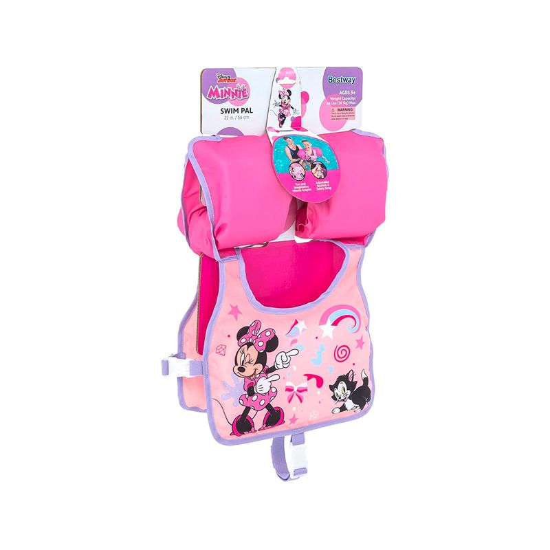 Chaleco flotador infantil con mangas 3 a 6 años Minnie rosa Bestway, vista frontal del producto en su empaque blanco