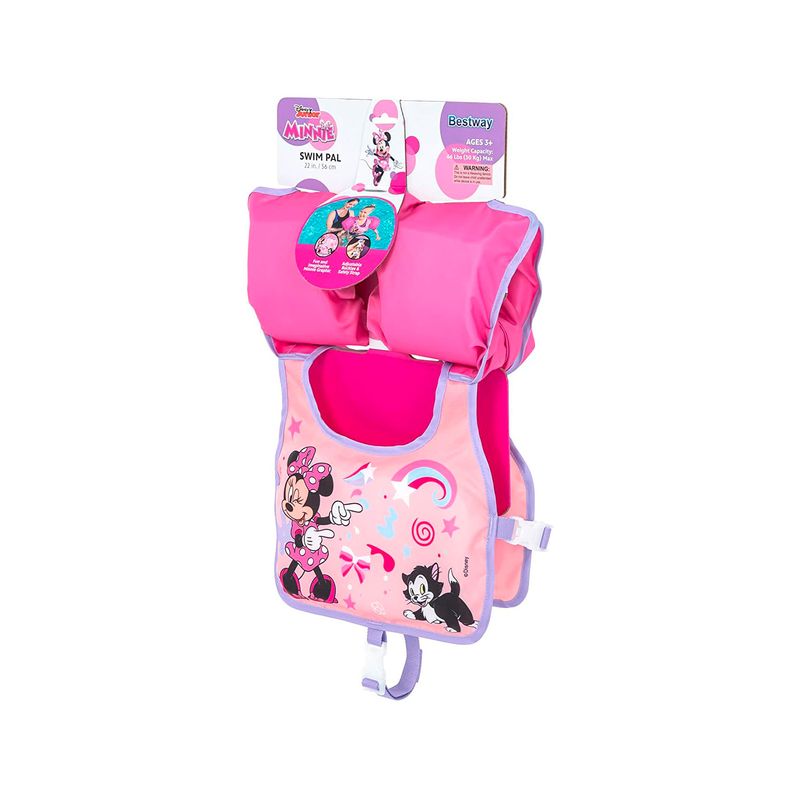 Chaleco flotador infantil con mangas 3 a 6 años Minnie rosa Bestway, empaque original con ilustración y advertencias