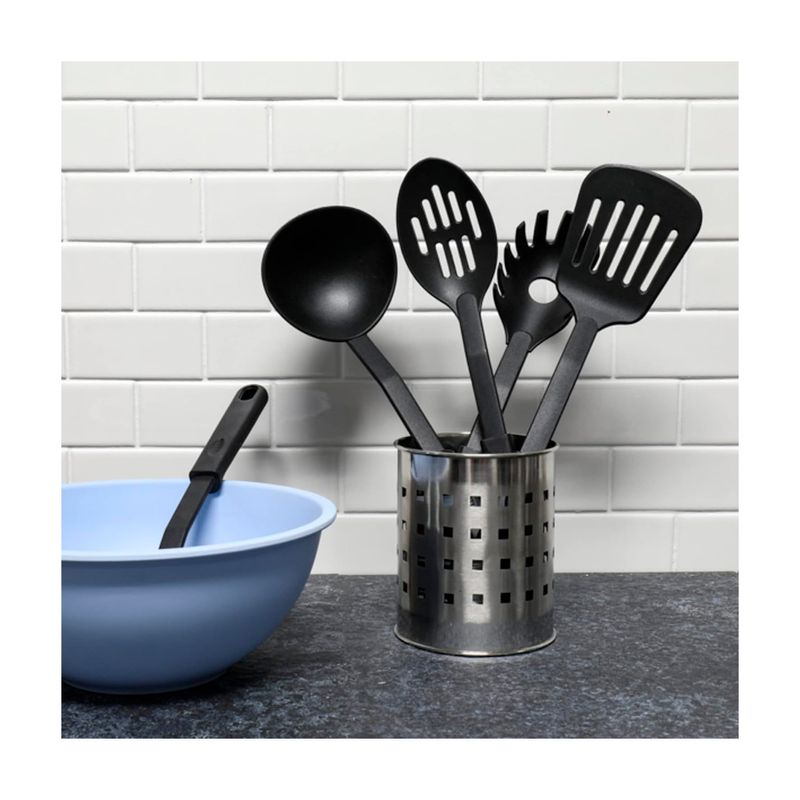 Juego de utensilios para cocina 5 piezas 15 pulgadas nylon negro Chef Craft, organizados en porta utensilios metálico