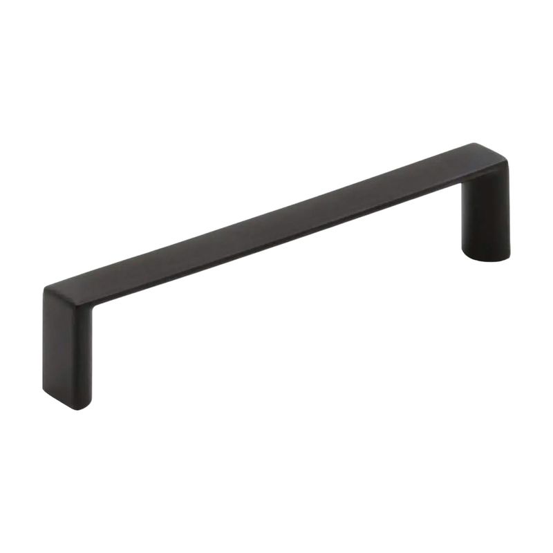Haladera tipo barra contemporáneo 3 3/4 pulgadas negro mate Amerock, vista en perspectiva desde un ángulo lateral