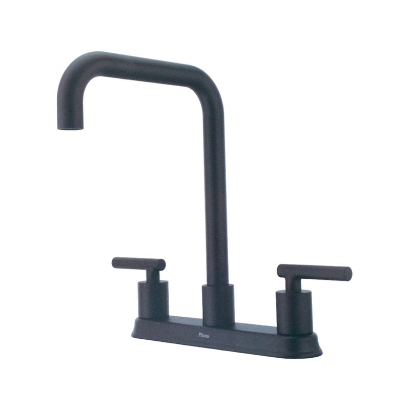 Llave para pantry doble manija negro Pfister, vista frontal del grifo con acabado mate y dos mandos laterales