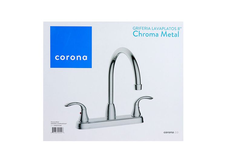 Llave para pantry doble manija Chroma Corona de 8 pulgadas, en su empaque blanco con ilustración del producto