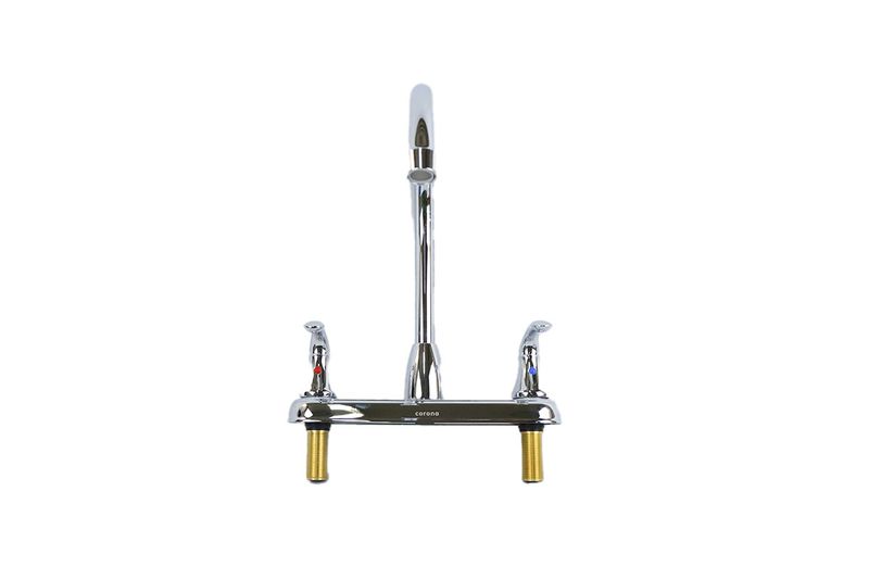 Llave para pantry doble manija Chroma Corona, vista frontal con cuello de ganso y conectores inferiores dorados
