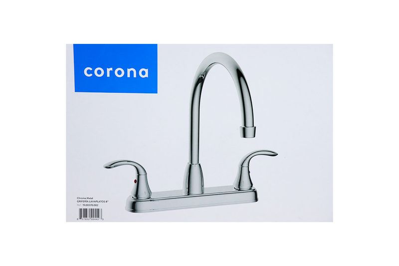 Llave para pantry doble manija chroma Corona, empaque blanco con ilustración del producto y logo azul