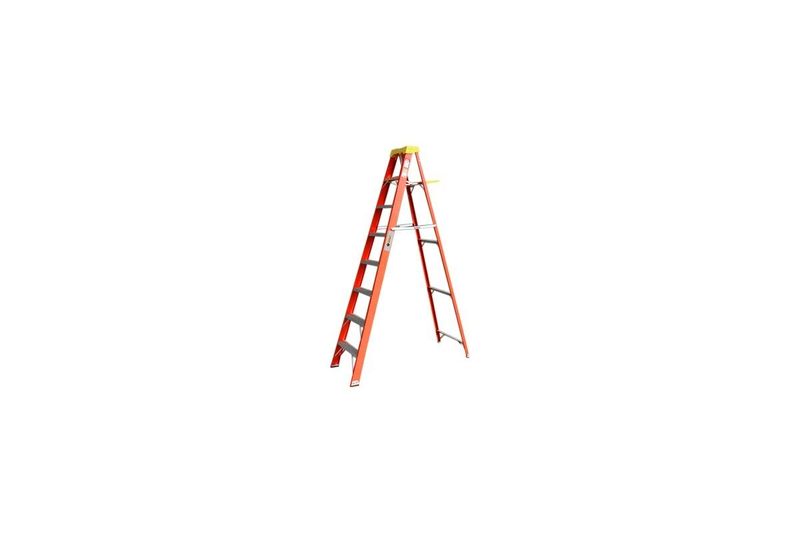 Escalera tijera fibra de vidrio Steel Grip de 8 pies, 102 kg y tipo II, vista completa en color naranja y amarillo