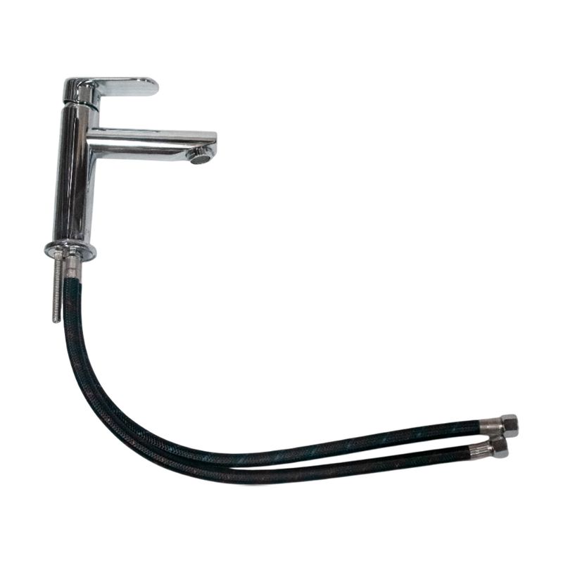 Llave lavamano monomando palanca baja Quad cromo Sinsa, vista lateral con mangueras de conexión flexibles negras