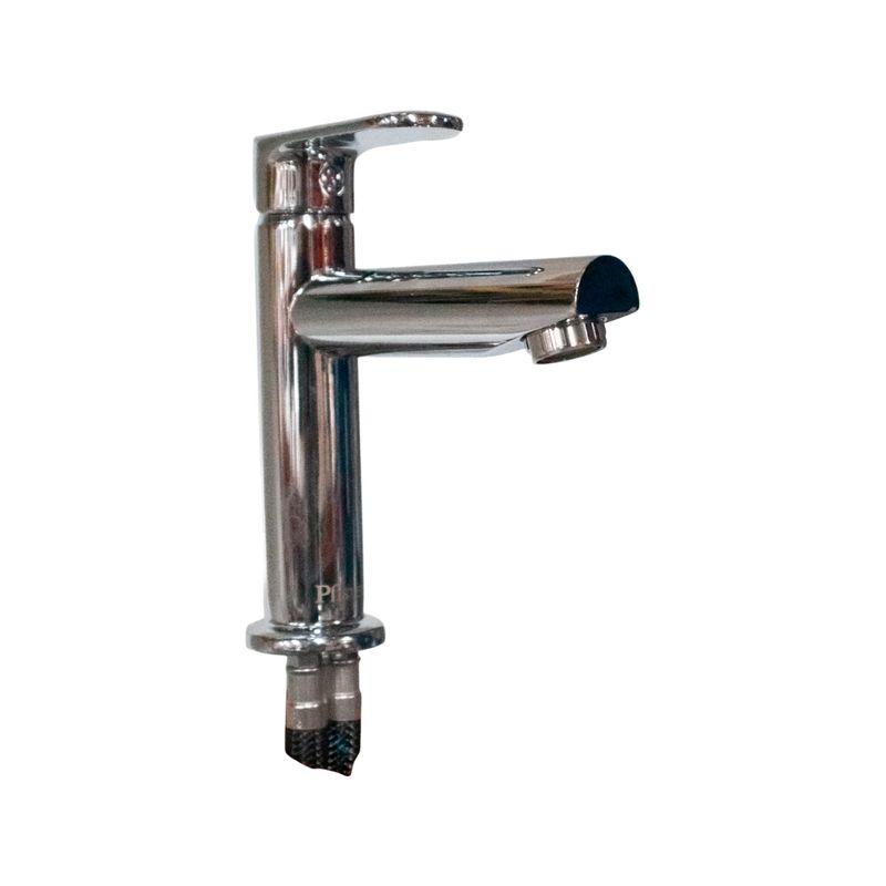Llave lavamano monomando palanca baja Quad cromo Sinsa, vista lateral completa con manguera de conexión inferior