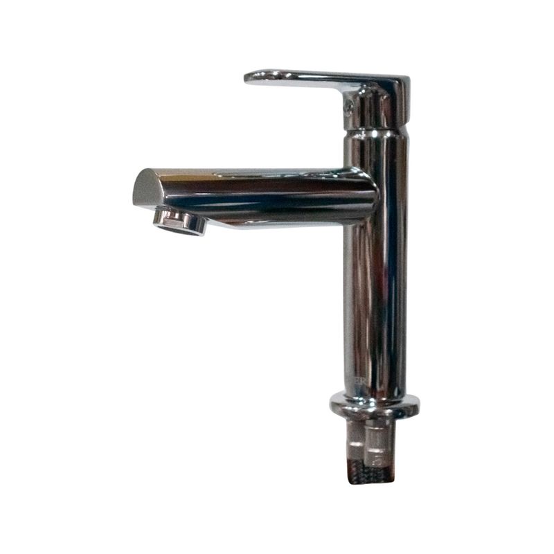 Llave lavamanos monomando palanca baja Quad cromo Sinsa, vista lateral completa incluyendo las conexiones inferiores