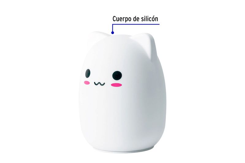 Lámpara de noche LED gato multicolor Volteck, primer plano con texto señalando el cuerpo de silicón