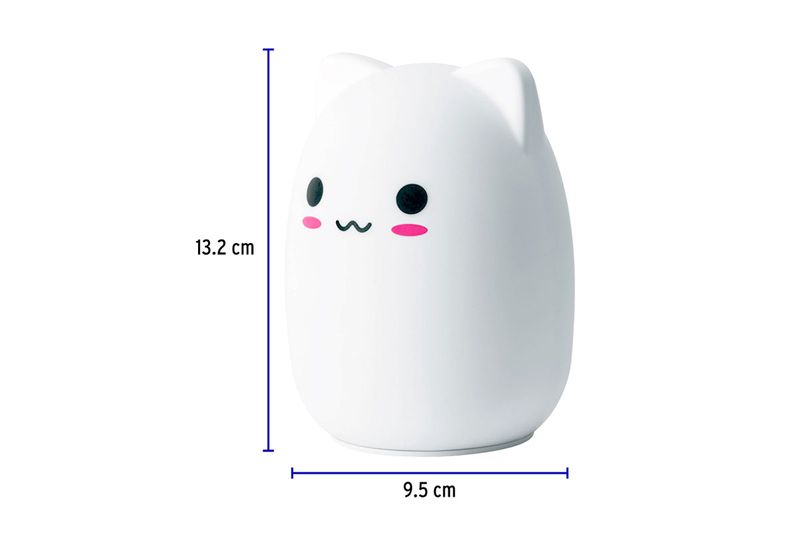 Lámpara de noche LED gato multicolor Volteck, gráfico con dimensiones de 13.2 cm de alto y 9.5 cm de ancho