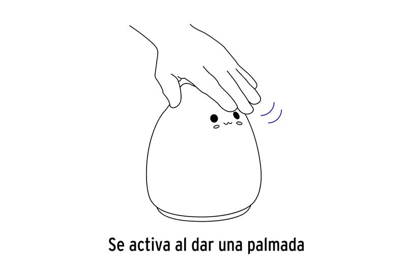 Lámpara de noche LED gato multicolor Volteck, ilustración lineal de una mano tocando la lámpara con texto instructivo