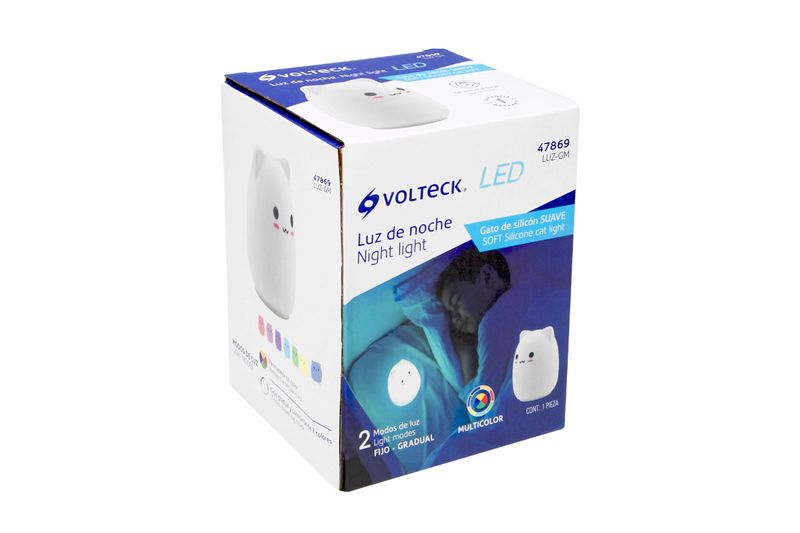 Lámpara de noche LED gato multicolor Volteck, empaque de cartón blanco con ilustración del producto en uso