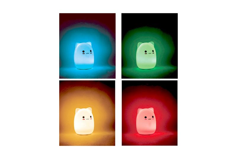 Lámpara de noche LED gato multicolor Volteck, composición de cuatro imágenes mostrando los colores azul, verde, amarillo y