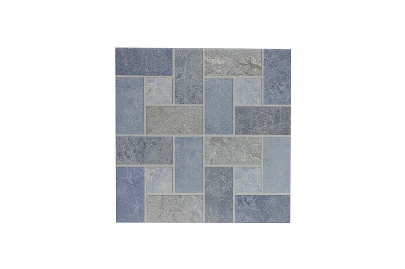Vítreo 33x33 azul Palo Rosa, vista frontal del mosaico con piezas rectangulares en tonos azules y grises