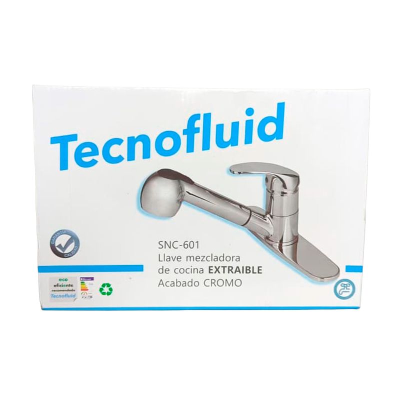 Llave para pantry monomando extraíble cromo Sinsa, empaque blanco con ilustración del producto y marca Tecnofluid