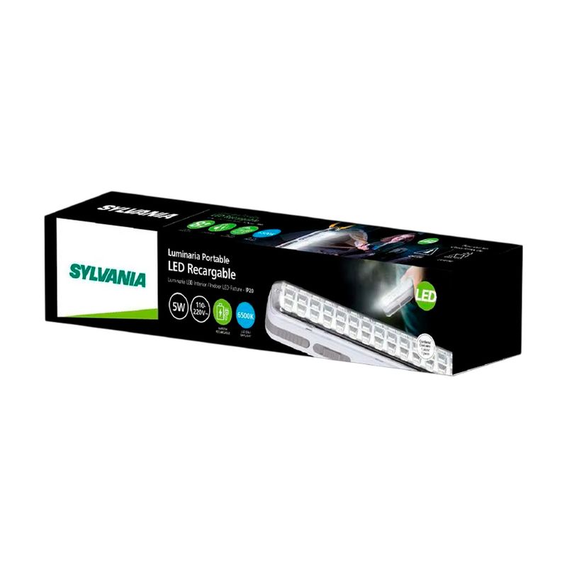 Luminaria de emergencia recargable 5 W 6500 K Sylvania, empaque rectangular negro con ilustración del producto y marca