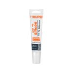 Silicón 100% uso general transparente Truper de 85 gramos, tubo blanco con texto en naranja y azul sobre fondo blanco