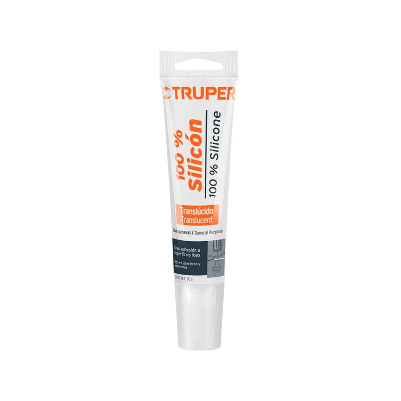 Silicón 100% uso general transparente Truper de 85 gramos, tubo blanco con texto en naranja y azul sobre fondo blanco
