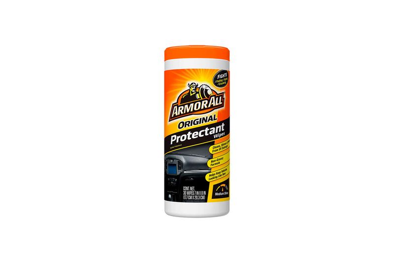 Toallas de limpieza para interiores de auto Original Armorall, envase cilíndrico blanco con tapa naranja y etiqueta frontal