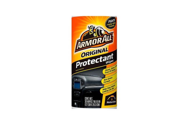 Toallas de limpieza para interiores de auto Original Armorall, envase cilíndrico amarillo y negro con texto descriptivo