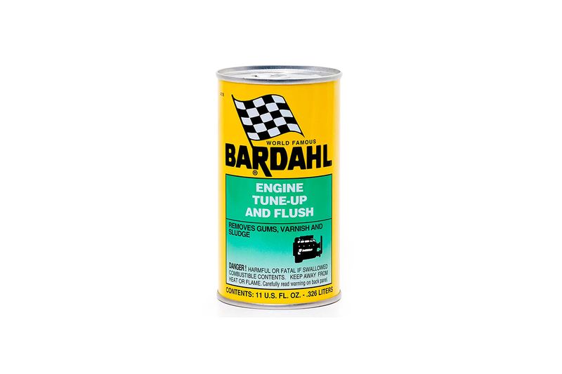 Aditivo para motor Engine Tune-Up & Flush 11 onzas Bardahl, vista frontal de la lata amarilla con etiqueta verde