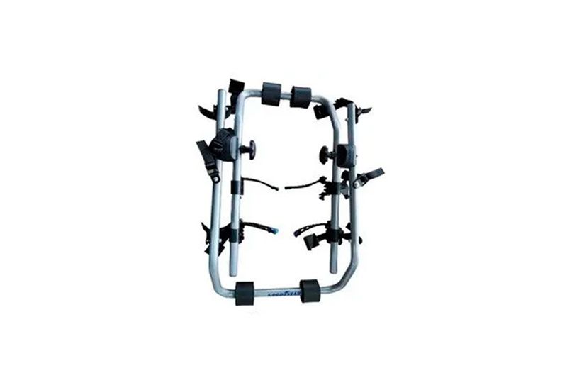 Soporte para bicicletas plateado/negro Goodyear, vista frontal del armazón metálico con cinchas de sujeción negras