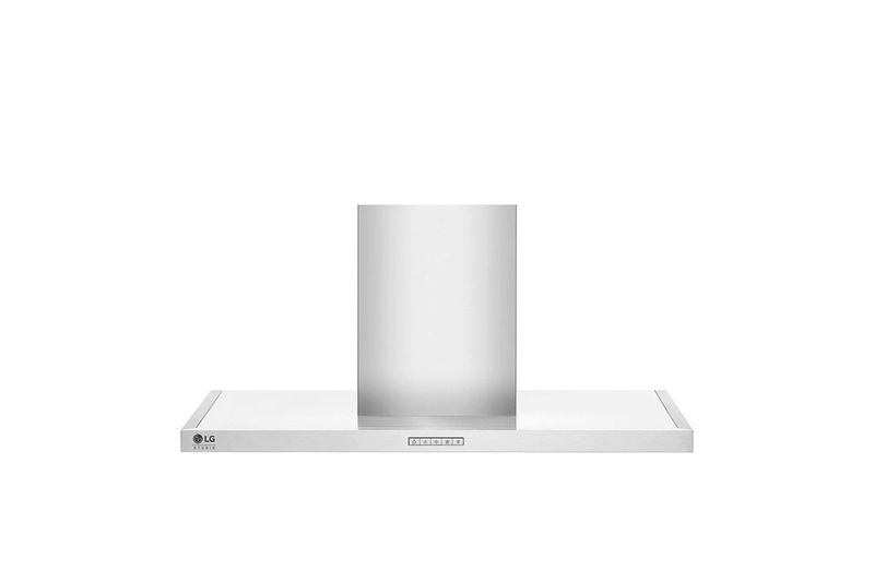 Campana para cocina acero inoxidable con iluminación LED LG, vista frontal centrada sobre fondo blanco