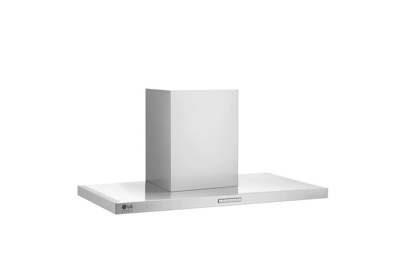 Campana para cocina acero inoxidable con iluminación LED LG, vista frontal en ángulo highlighting el panel de control